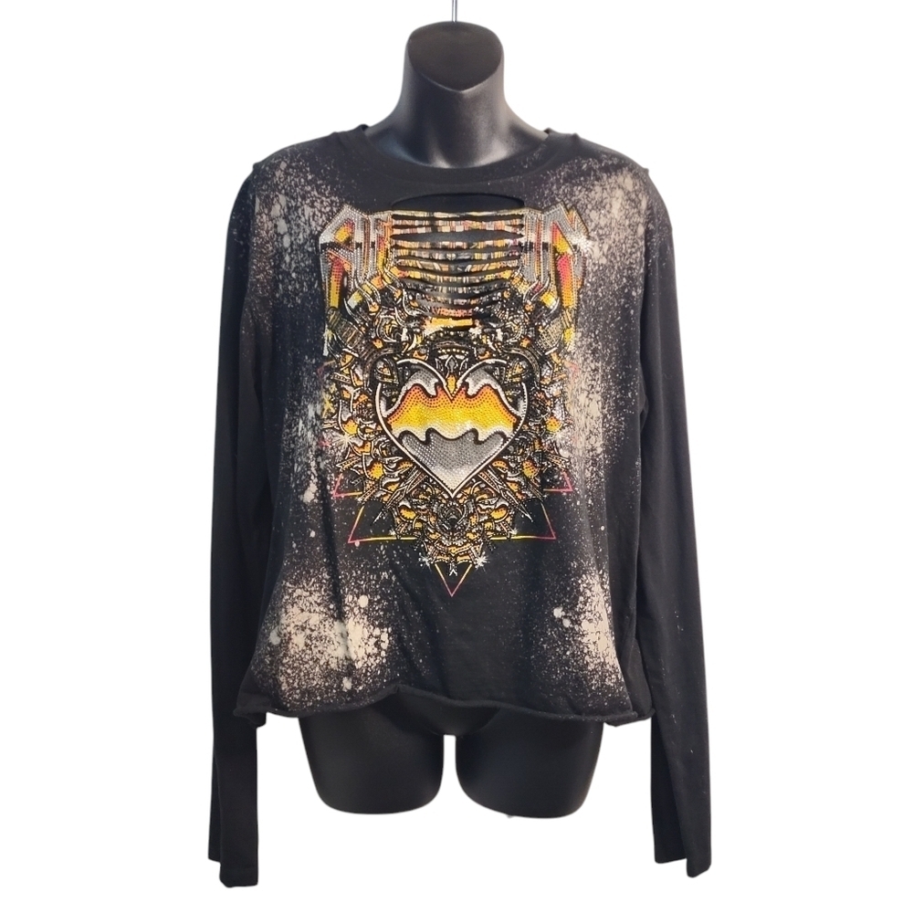 Affliction Women's Black Embellished Cutout Tie Back Top Shirt Size L